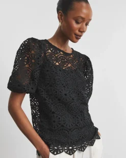 Joanna Hope Crochet Blouse With Puff Sleeves
