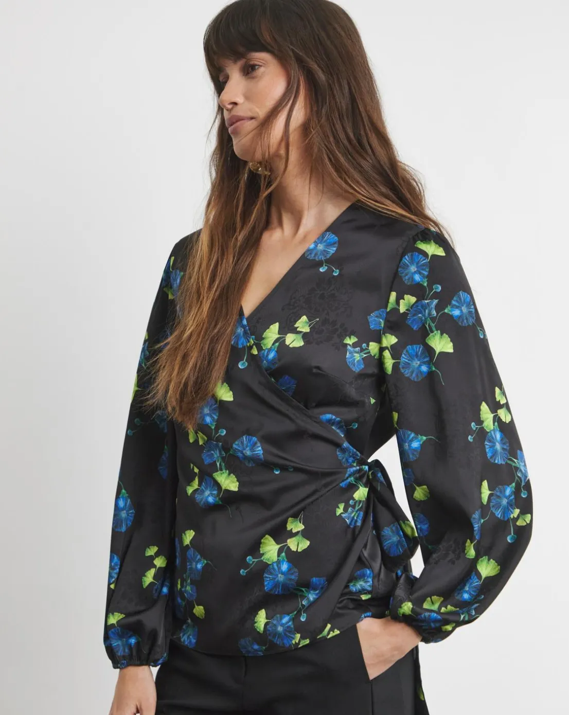 Joanna Hope Floral Satin Wrap Blouse