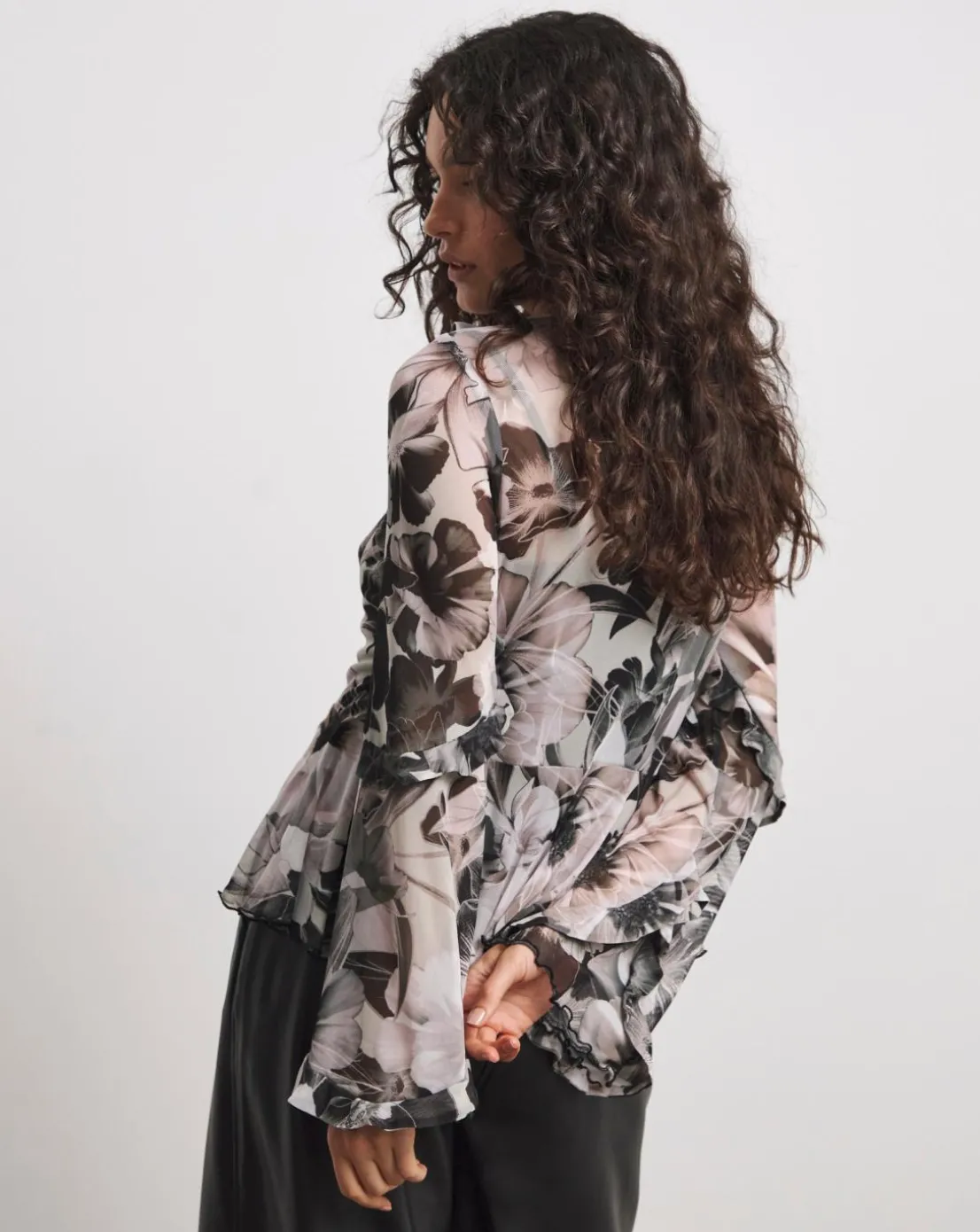 Joanna Hope Mesh Ruffle Blouse