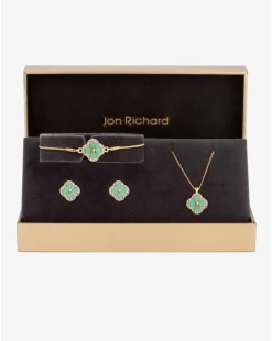 Jon Richard Gold Plated Green Clover Trio Set - Gift Boxed