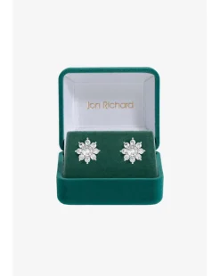 Jon Richard Rhodium Plated CZ Crystal Flower Stud Earrings - Gift Boxed