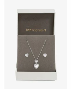 Jon Richard Rhodium Plated Cubic Zirconia Halo Double Heart Set - Gift Boxed