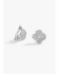 Jon Richard Rhodium Plated Cubic Zirconia Pave Clover Clip Earrings