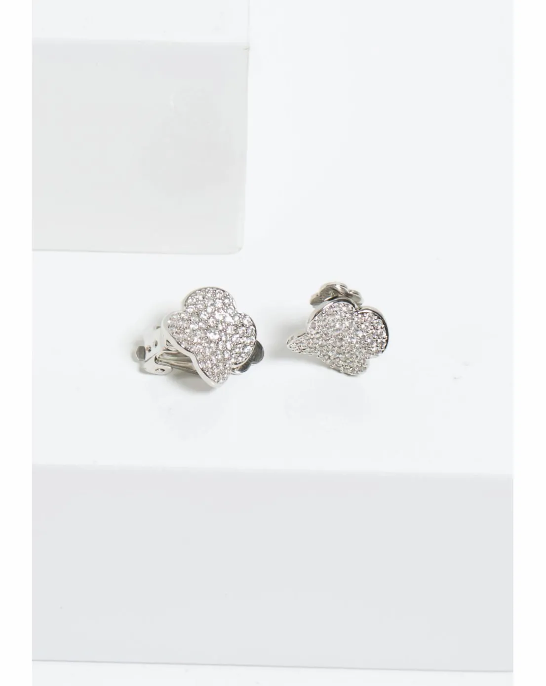 Jon Richard Rhodium Plated Cubic Zirconia Pave Clover Clip Earrings