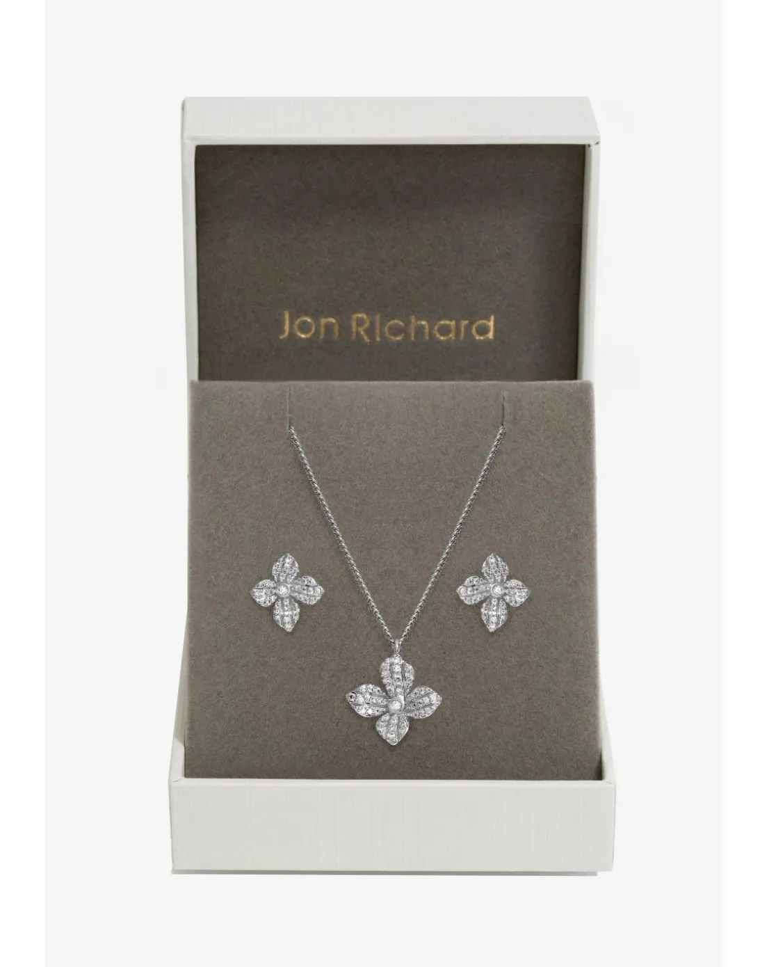 Jon Richard Rhodium Plated Cubic Zirconia Floral Set - Gift Boxed