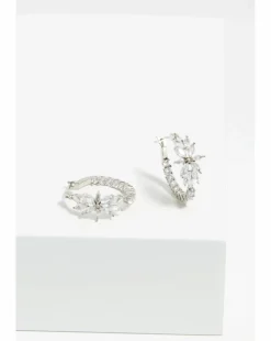 Jon Richard Rhodium Plated Cubic Zirconia Floral Hoop Earrings
