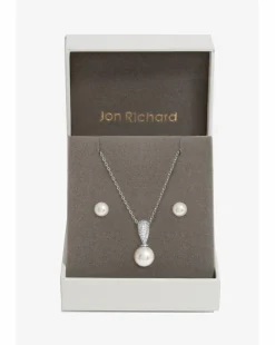 Jon Richard Rhodium Plated Cubic Zirconia And Pearl Set - Gift Boxed