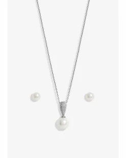 Jon Richard Rhodium Plated Cubic Zirconia And Pearl Set - Gift Boxed