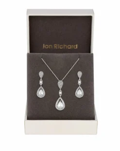 Jon Richard Silver Plated Clear Crystal Pave 3 Tier Pear Drop Set - Gift Boxed