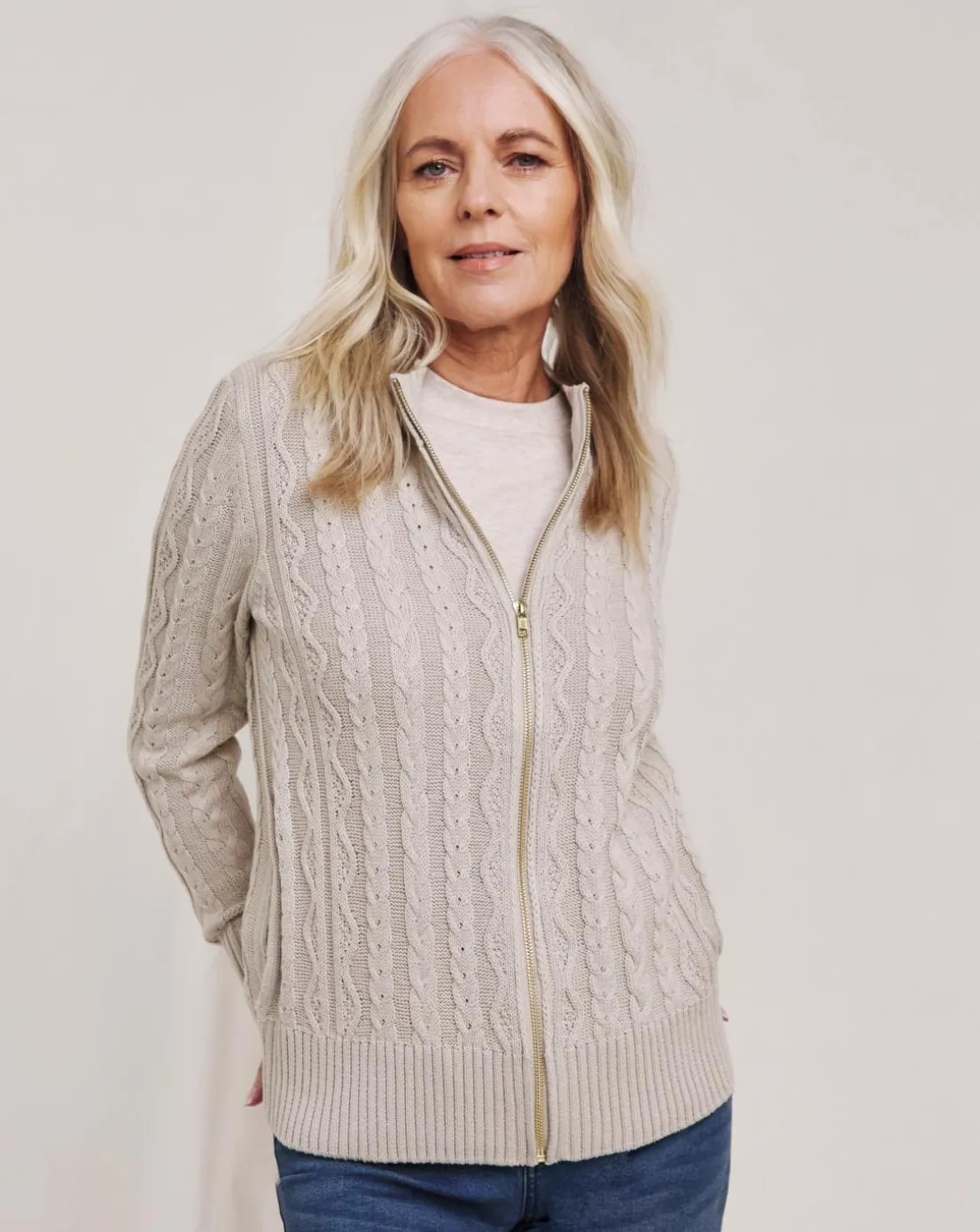 Julipa Cotton Cable Zip Up Cardigan