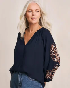 Julipa Palm Embroidered Navy Blouse