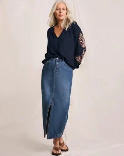 Julipa Palm Embroidered Navy Blouse