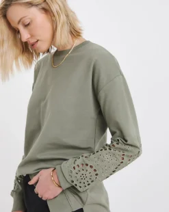 Khaki Broderie Sleeve Sweatshirt