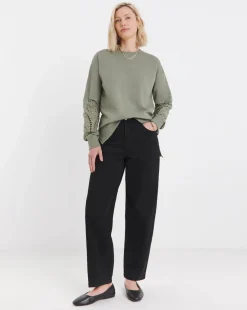 Khaki Broderie Sleeve Sweatshirt