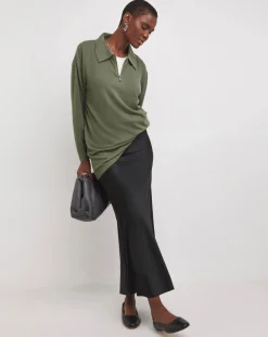 Khaki Collared Zip Front Soft Touch Longline Top