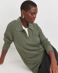 Khaki Collared Zip Front Soft Touch Longline Top