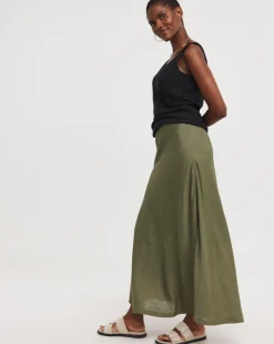 Khaki Linen Mix Bias Cut Maxi Slip Skirt