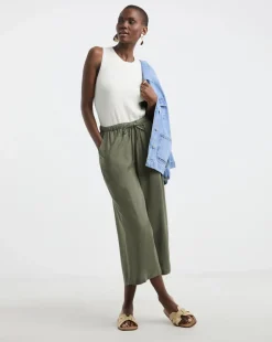 Khaki Linen Mix Cropped Wide Leg Culottes