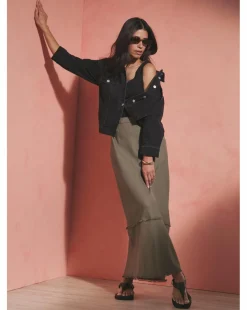 Khaki Linen Mix Frayed Hem Skirt