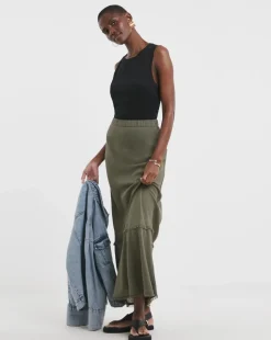 Khaki Linen Mix Frayed Hem Skirt