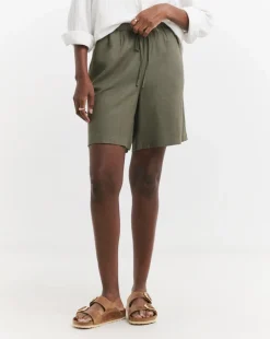 Khaki Linen Mix Knee Length Shorts