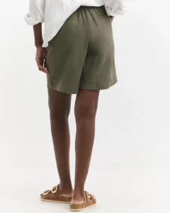 Khaki Linen Mix Knee Length Shorts