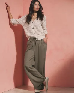 Khaki Linen Mix Wide Leg Trouser