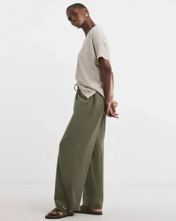Khaki Linen Mix Wide Leg Trouser