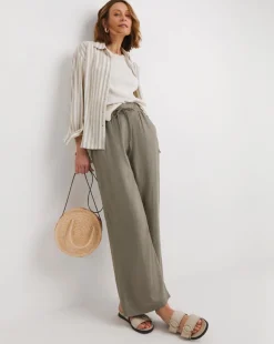 Khaki Linen Mix Wide Leg Trousers
