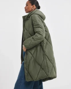 Khaki Mid Length Quilted Coat