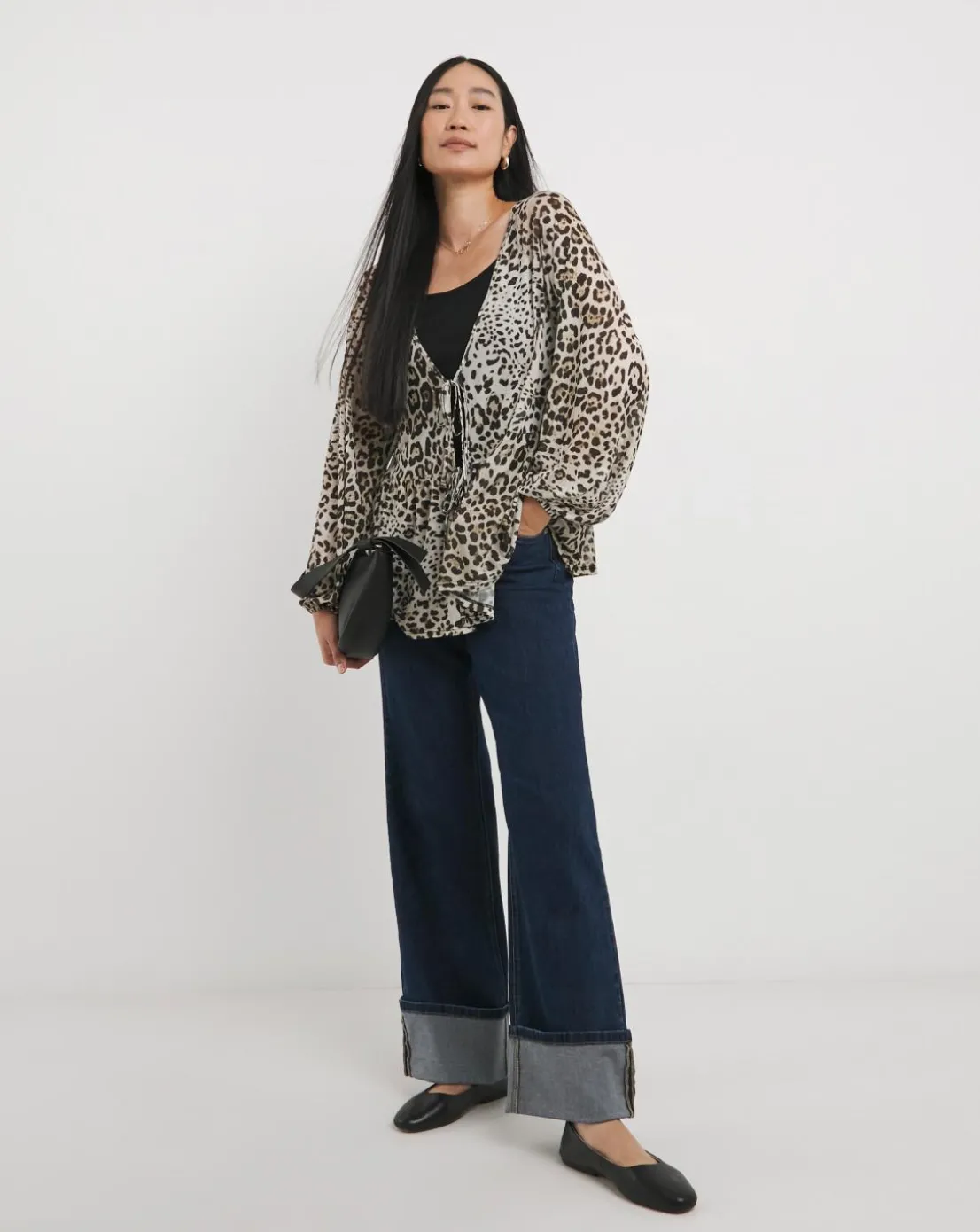 Leopard Print Mesh Tie Front Blouse