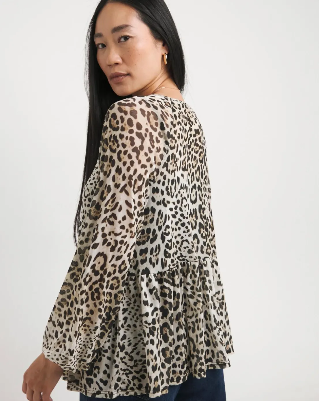 Leopard Print Mesh Tie Front Blouse