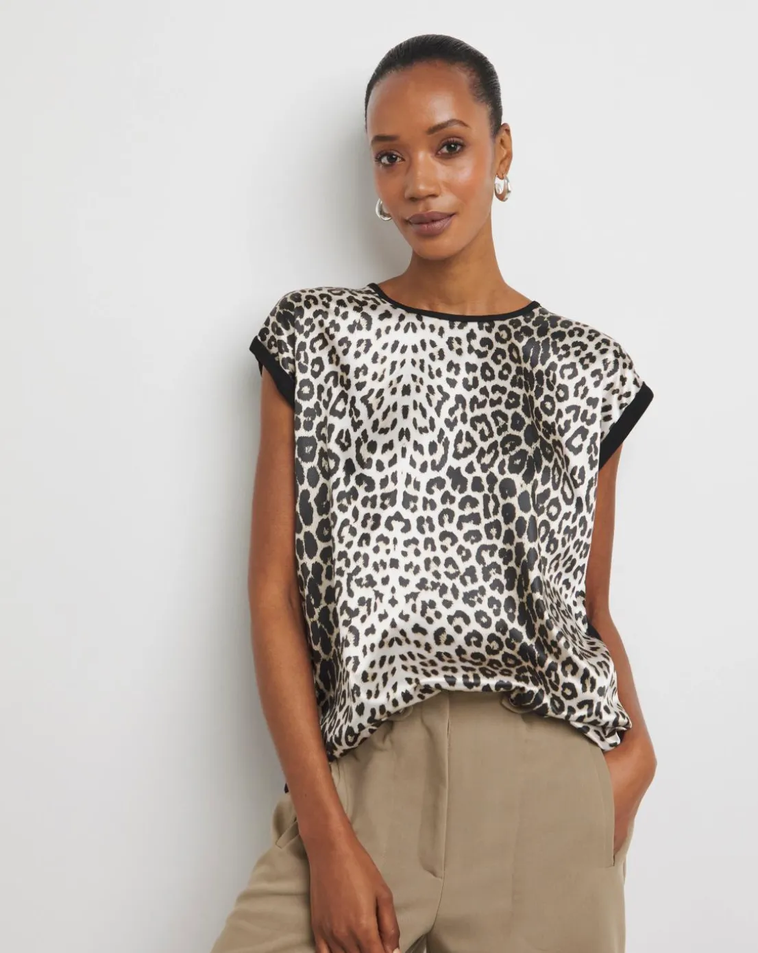 Leopard Print Satin Front Jersey Back Top