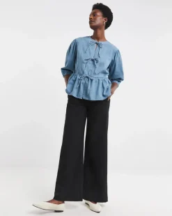 Light Blue Peplum Puff Sleeve Denim Top