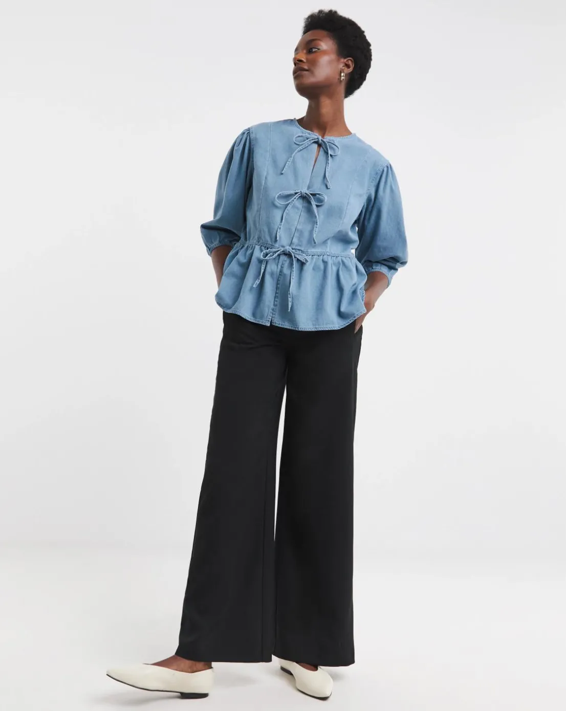 Light Blue Peplum Puff Sleeve Denim Top