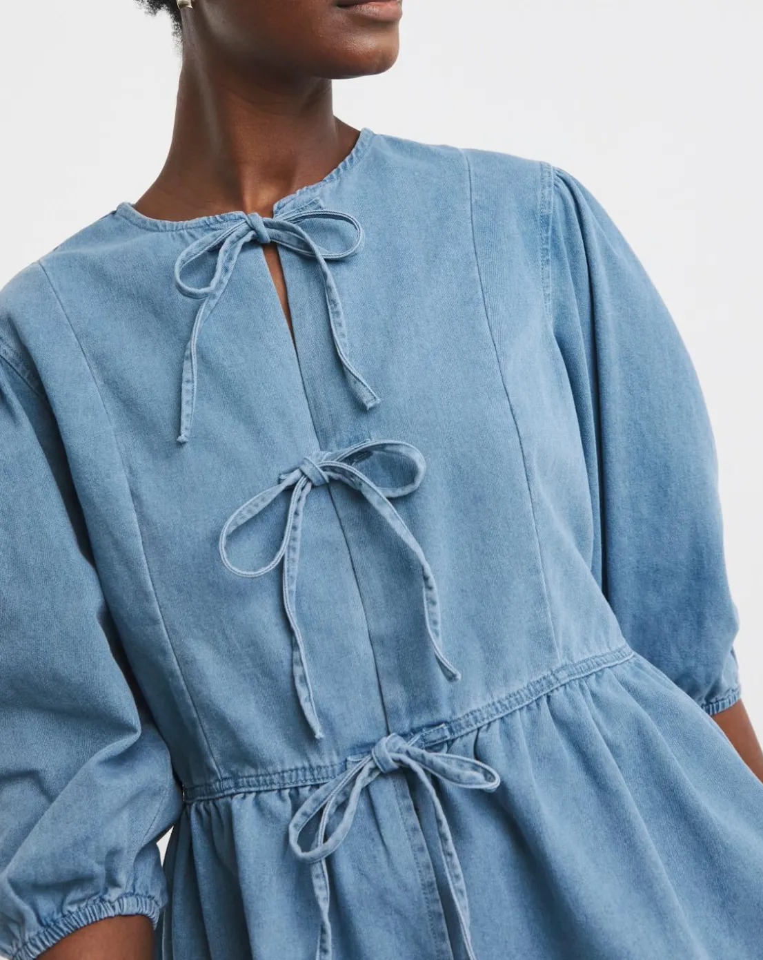 Light Blue Peplum Puff Sleeve Denim Top