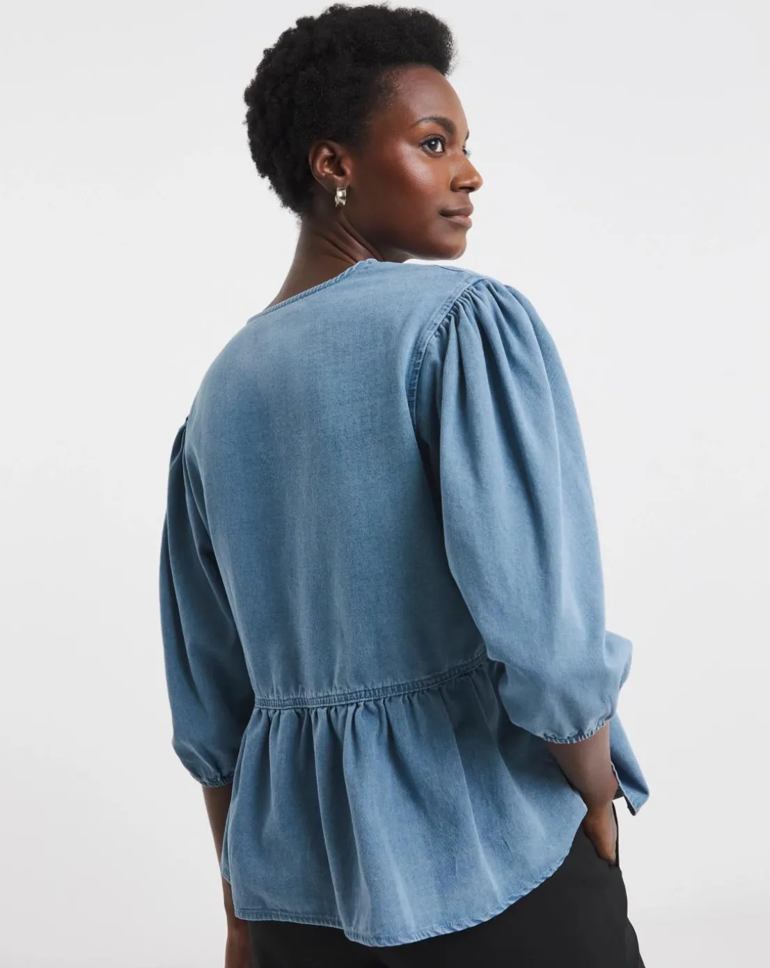 Light Blue Peplum Puff Sleeve Denim Top