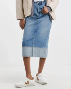 Light Blue Turn Up Midi Denim Skirt