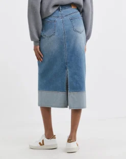 Light Blue Turn Up Midi Denim Skirt