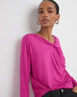 Magenta Twist Asymmetric Neck Long Sleeve Top