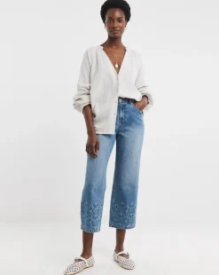 Mid Blue Broderie Straight Leg Crop Jeans