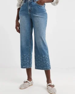 Mid Blue Broderie Straight Leg Crop Jeans