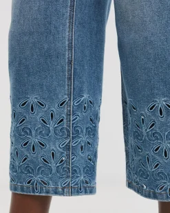 Mid Blue Broderie Straight Leg Crop Jeans
