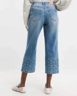 Mid Blue Broderie Straight Leg Crop Jeans