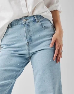 Mid Blue Embellished Wide Leg Jeans