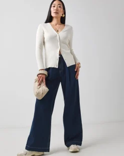 Mid Blue Pleat Front Wide Leg Jeans