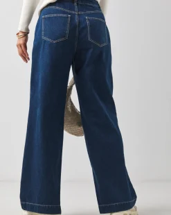 Mid Blue Pleat Front Wide Leg Jeans