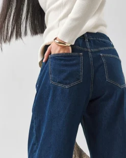 Mid Blue Pleat Front Wide Leg Jeans