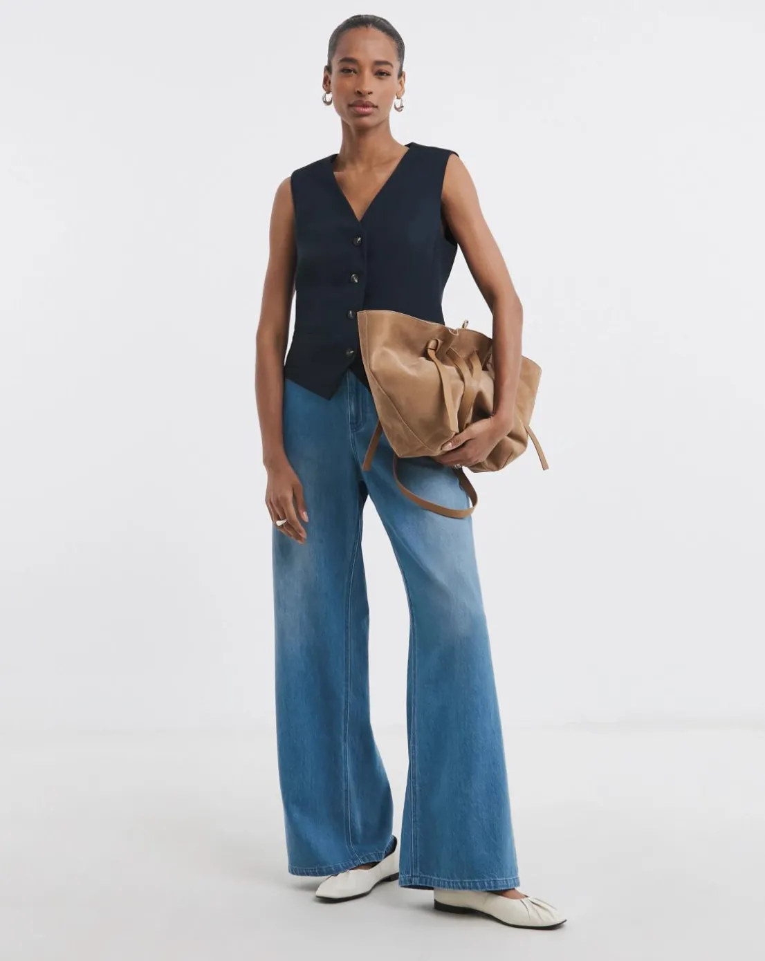 Mid Blue Premium Drape Wide Leg Jeans