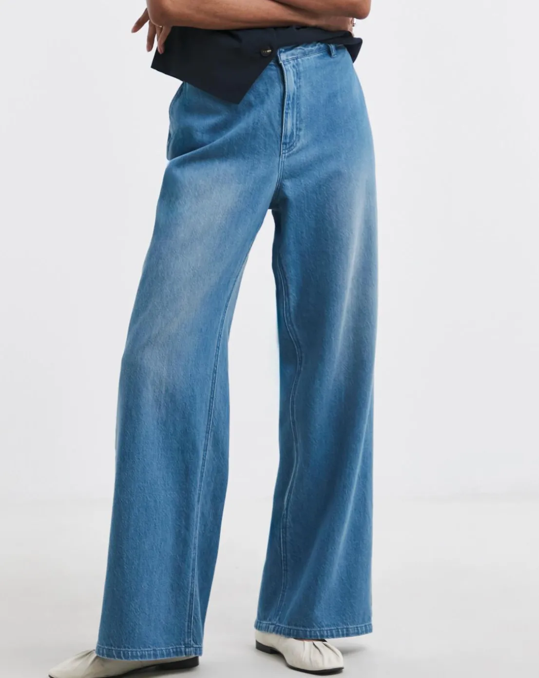 Mid Blue Premium Drape Wide Leg Jeans